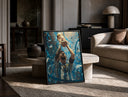 Footballer lifting World Cup trophy print in a black frame leaning on a travertine table in a sunlit lounge