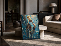 Footballer lifting World Cup trophy print in a black frame leaning on a travertine table in a sunlit lounge