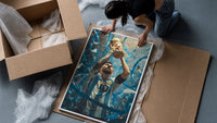 Footballer lifting World Cup trophy framed print being unpacked from protective bubble wrap and a box