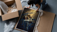 Soccer player lifting World Cup trophy framed print being unpacked from protective bubble wrap and a box