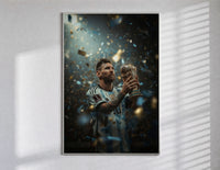 Footballer kissing World Cup trophy poster in a slim frame on a bright wall with soft window light