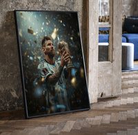 Footballer kissing World Cup trophy print in a black frame leaning beside a vintage door on parquet