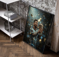 Footballer kissing World Cup trophy poster in a black frame leaning beside a shelf in a raw-plaster loft