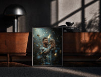 Black-framed Footballer kissing World Cup trophy print on a moody console with designer coffee-table books