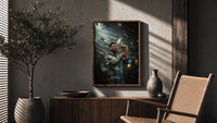 Footballer kissing World Cup trophy poster framed above a fluted sideboard beside an olive tree