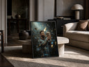 Footballer kissing World Cup trophy print in a black frame leaning on a travertine table in a sunlit lounge