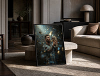 Footballer kissing World Cup trophy print in a black frame leaning on a travertine table in a sunlit lounge
