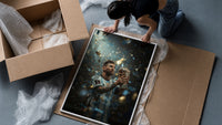 Footballer kissing World Cup trophy framed print being unpacked from protective bubble wrap and a box
