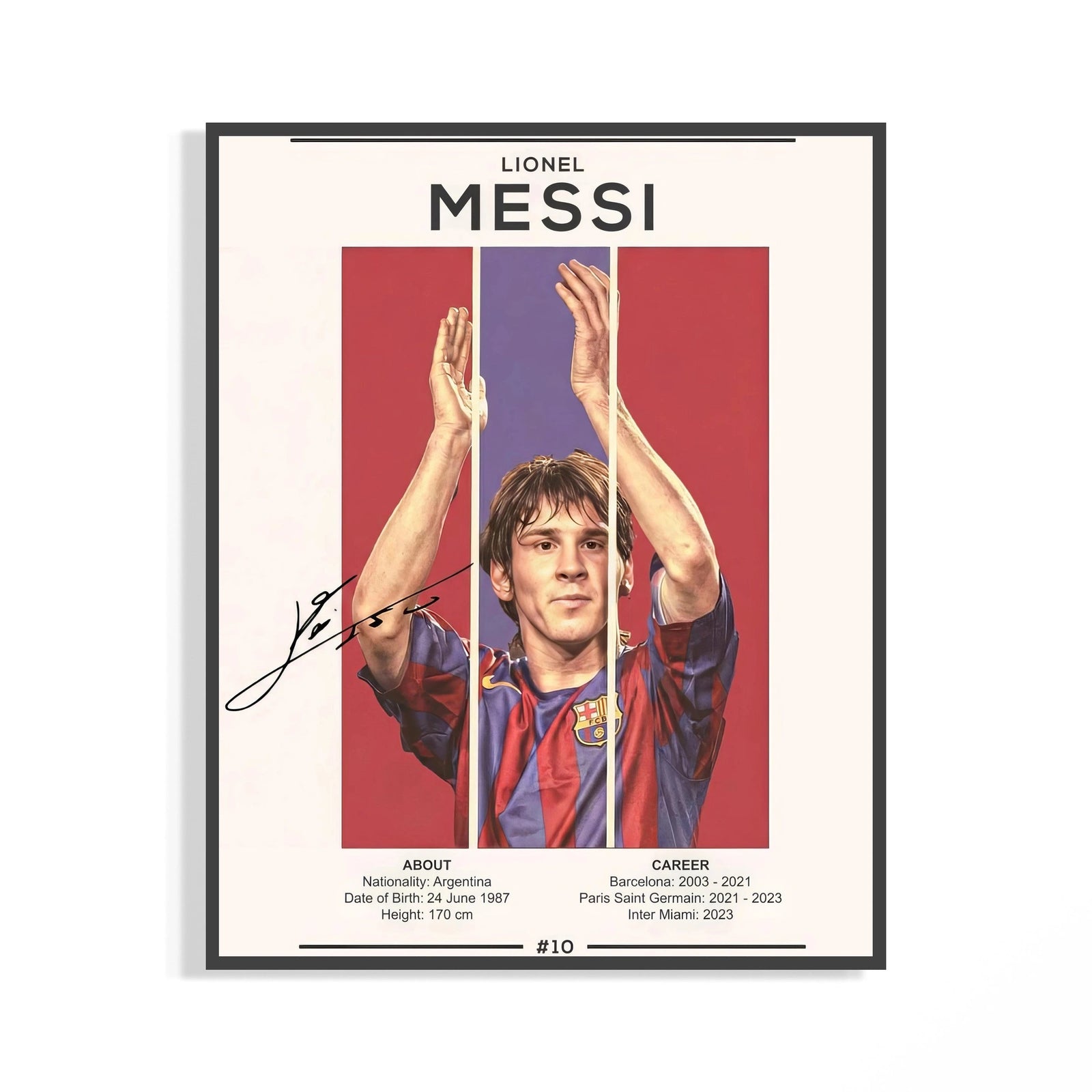 Lionel Messi Barcelona Portrait poster showing young Messi in red and blue Barcelona jersey with raised arms celebrating