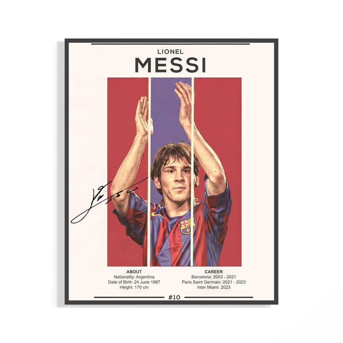 Lionel Messi Barcelona Portrait poster showing young Messi in red and blue Barcelona jersey with raised arms celebrating