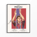 Lionel Messi Barcelona Portrait poster showing young Messi in red and blue Barcelona jersey with raised arms celebrating
