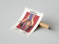 Woman unpacking framed Lionel Messi Barcelona Portrait from cardboard box with bubble wrap on concrete floor