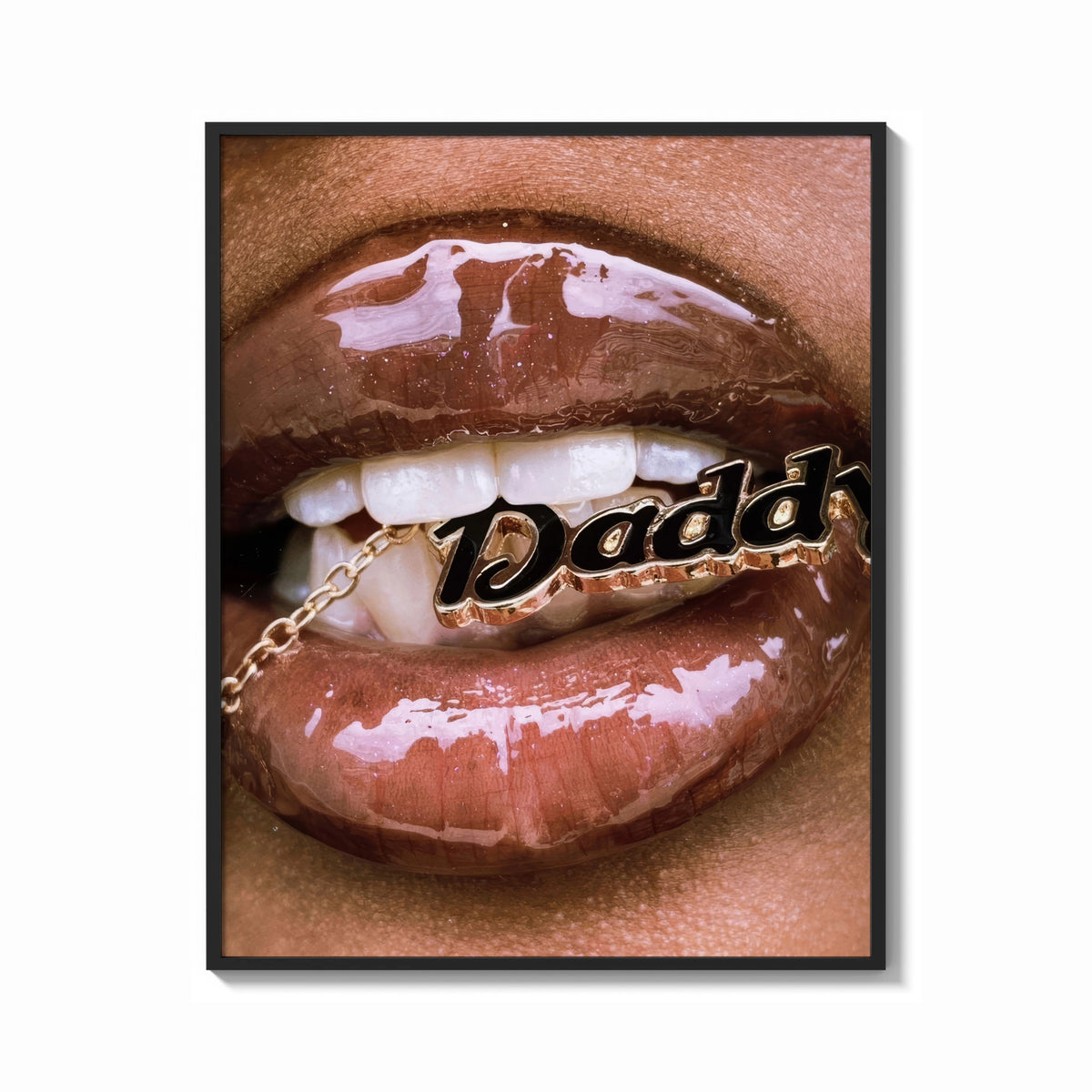 Framed Lips Holding a Daddy Chain print shown as a bold statement piece on a clean gallery wall