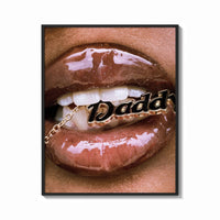 Framed Lips Holding a Daddy Chain print shown as a bold statement piece on a clean gallery wall