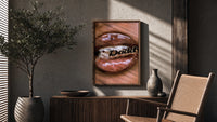 Lips Holding a Daddy Chain poster framed above a fluted sideboard beside a potted tree