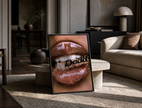 Lips Holding a Daddy Chain print on the floor, leaning against a travertine table