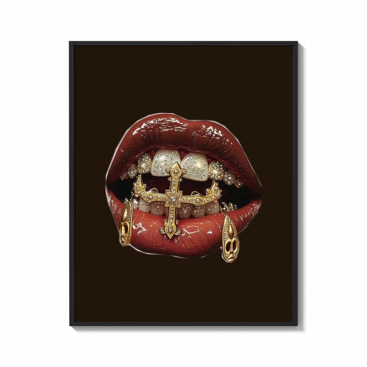 Framed Lips with a Cross and Grillz print shown as a bold statement piece on a clean gallery wall