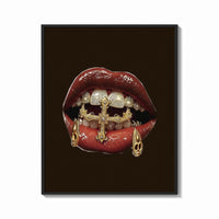 Framed Lips with a Cross and Grillz print shown as a bold statement piece on a clean gallery wall