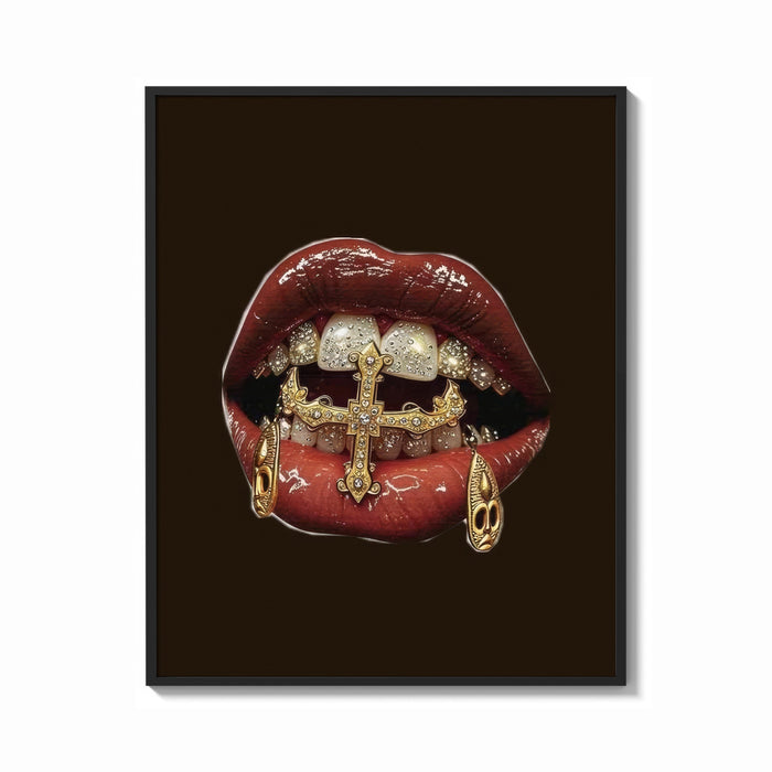 Framed Lips with a Cross and Grillz print shown as a bold statement piece on a clean gallery wall