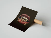 Gently curled Lips with a Cross and Grillz print beside its protective shipping tube