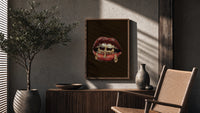 Lips with a Cross and Grillz poster framed above a fluted sideboard beside a potted tree