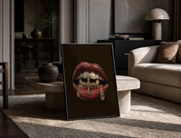 Lips with a Cross and Grillz print on the floor, leaning against a travertine table