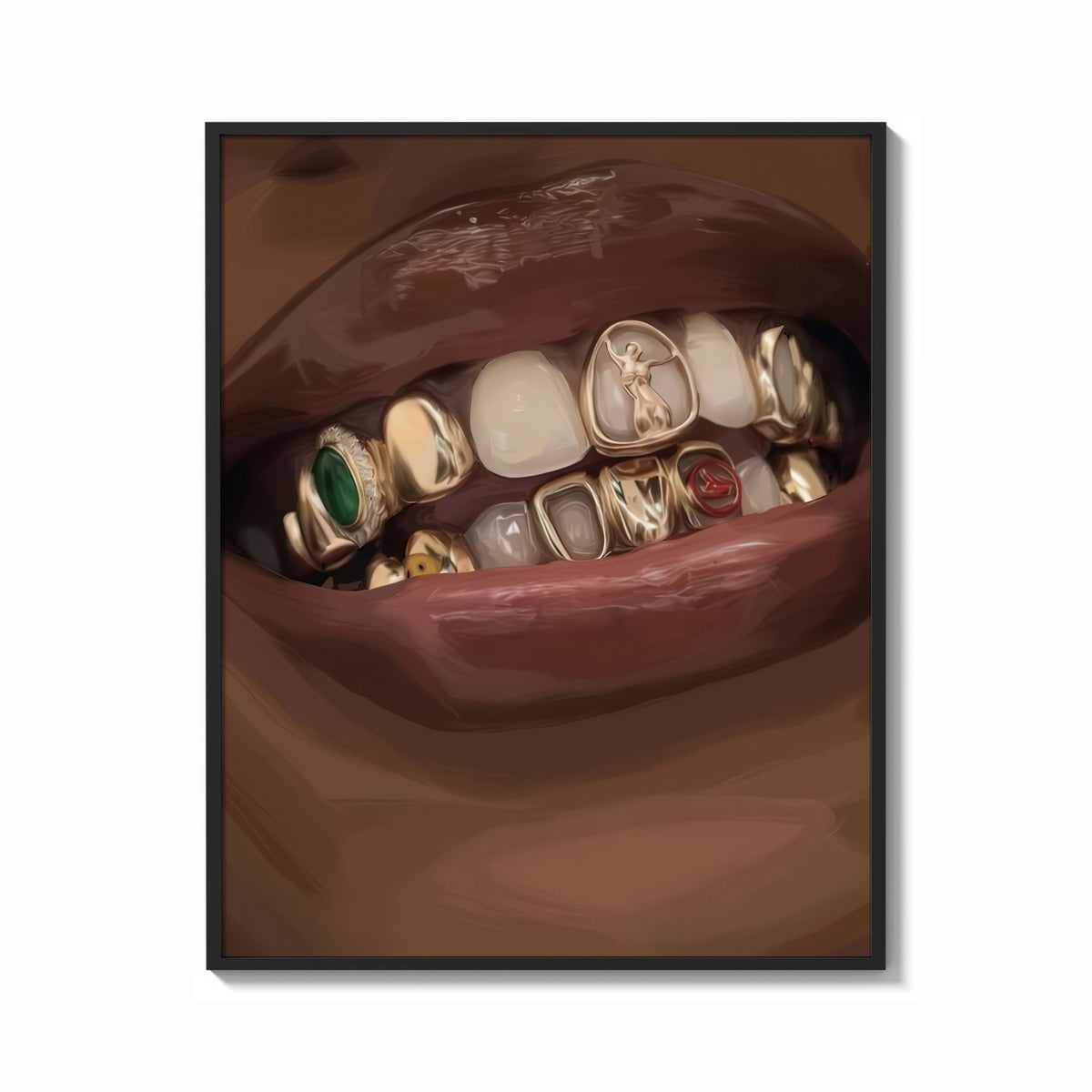 Framed Lips with Decorative Gold Grillz print shown as a bold statement piece on a clean gallery wall