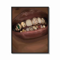 Framed Lips with Decorative Gold Grillz print shown as a bold statement piece on a clean gallery wall
