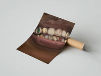 Gently curled Lips with Decorative Gold Grillz print beside its protective shipping tube
