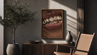 Lips with Decorative Gold Grillz poster framed above a fluted sideboard beside a potted tree