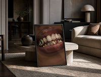 Lips with Decorative Gold Grillz print on the floor, leaning against a travertine table