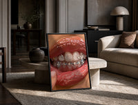 Rows of Tooth Gems print on the floor, leaning against a travertine table