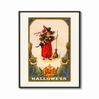 Framed Girl witch holding black cat print shown as a bold statement piece on a clean gallery wall