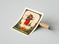 Rolled Girl witch holding black cat poster beside its crush-resistant kraft shipping tube