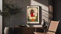 Girl witch holding black cat poster framed above a fluted sideboard beside an olive tree