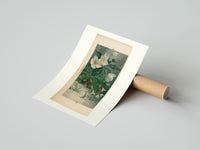 Rolled White hellebore flowers with sparrows poster beside its crush-resistant kraft shipping tube