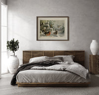 Robin, wrens and tit in snow print in a dark wood frame above a rattan bed on a plaster wall