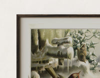 Close-up of the Robin, wrens and tit in snow print's dark wood frame corner and archival matte paper