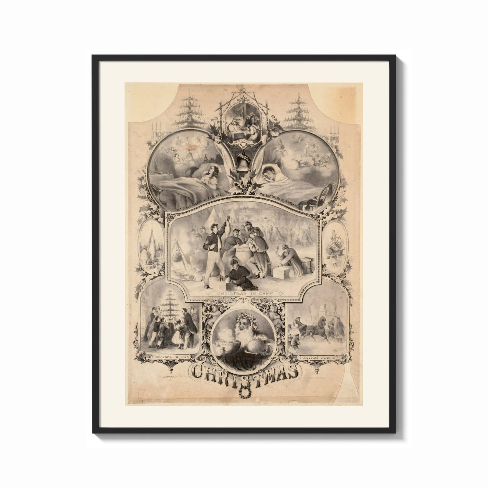 Framed Victorian Christmas scenes collage print shown as a bold statement piece on a clean gallery wall