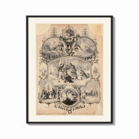 Framed Victorian Christmas scenes collage print shown as a bold statement piece on a clean gallery wall