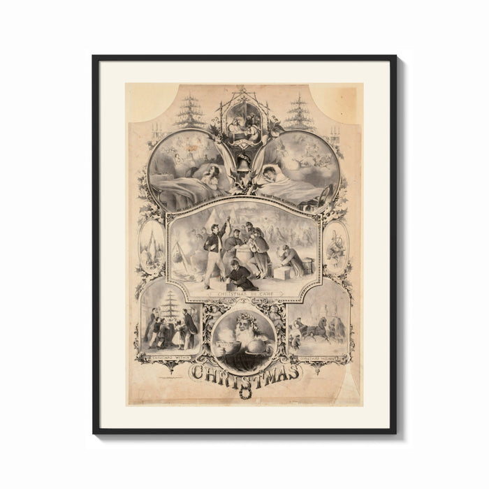 Framed Victorian Christmas scenes collage print shown as a bold statement piece on a clean gallery wall