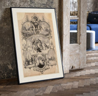 Victorian Christmas scenes collage print in a black frame leaning beside a vintage door on parquet