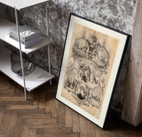 Victorian Christmas scenes collage poster in a black frame leaning beside a shelf in a raw-plaster loft