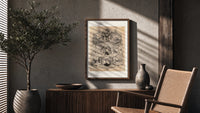 Victorian Christmas scenes collage poster framed above a fluted sideboard beside an olive tree