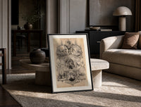 Victorian Christmas scenes collage print in a black frame leaning on a travertine table in a sunlit lounge