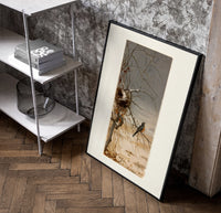 Robin perched on bare branch poster in a black frame leaning beside a shelf in a raw-plaster loft