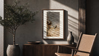 Robin perched on bare branch poster framed above a fluted sideboard beside an olive tree