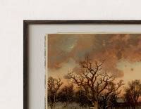 Close-up of the Winter landscape with ice skaters at dusk print's dark wood frame corner and archival matte paper