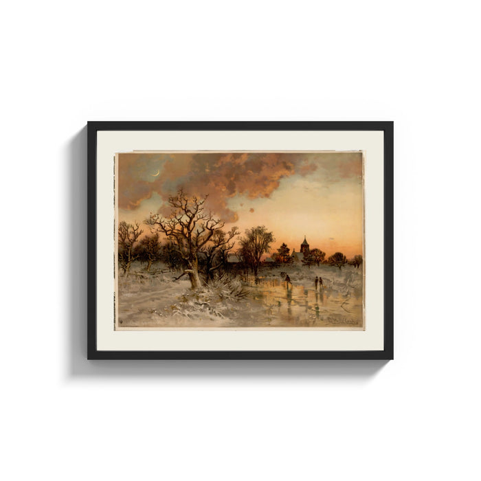 Framed Winter landscape with ice skaters at dusk print shown as a wide statement piece on a clean white wall