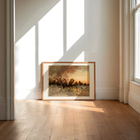 Winter landscape with ice skaters at dusk print in an oak frame on a sunlit wood floor beneath tall window light